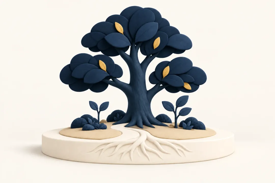 Illustration of a tree with connected roots