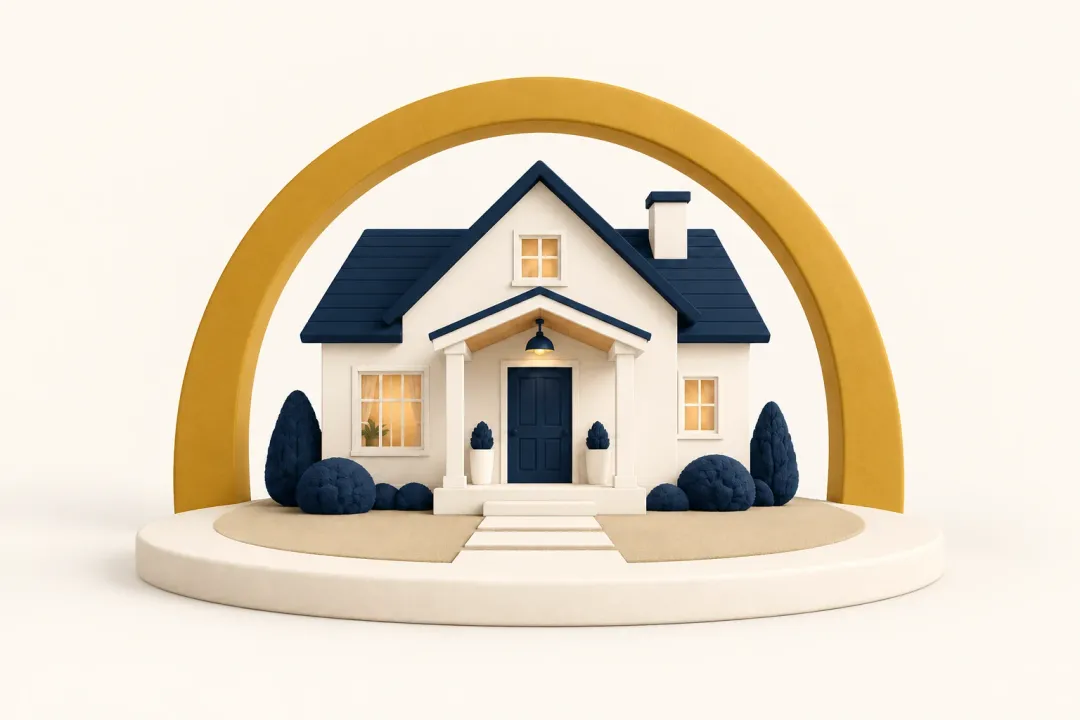 Illustration of a home sheltered by a shield